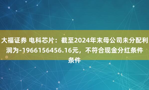 大福证券 电科芯片：截至2024年末母公司未分配利润为-1966156456.16元，不符合现金分红条件